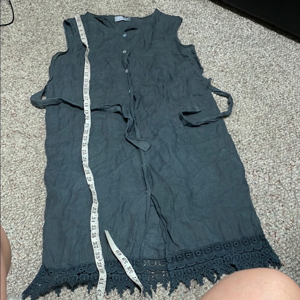 100% linen and lace Gray Sleeveless midi Dress - Picture 6 of 11